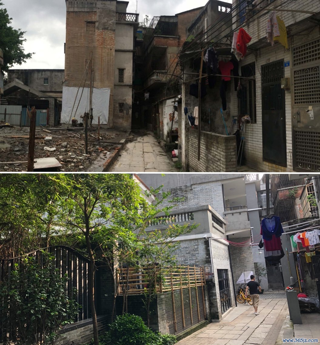 广州泮塘五约外街订正前(上图)后(下图)对比。受访者供图